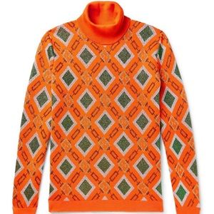 NWT Gucci GG Chain-Link orange jacquard roll neck glitter sweater Retail $1400